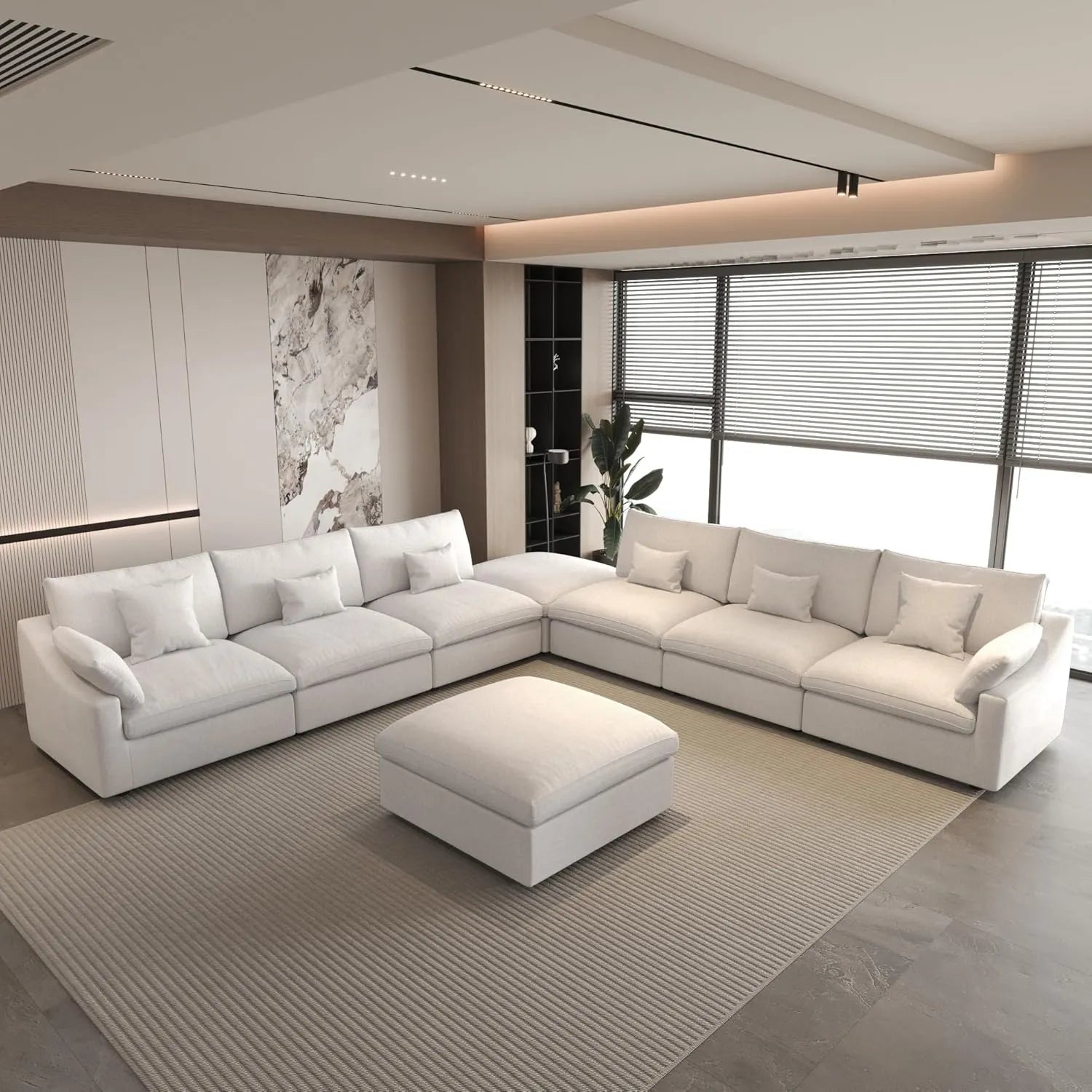 Canapés d'angle Deluxe Slope Cloud | Ensembles de canapés 8 pièces en lin blanc, 160 coussins de dossier réglables, 6 places