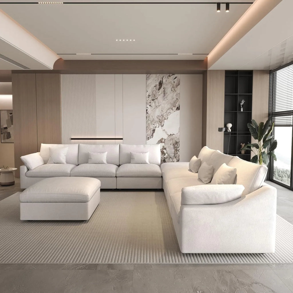 Canapés d'angle Deluxe Slope Cloud | Ensembles de canapés 8 pièces en lin blanc, 160 coussins de dossier réglables, 6 places