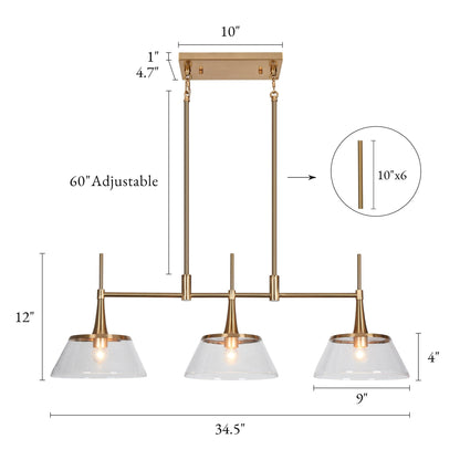 Mola Modern Gold 3-Light Seeded Glass Chandelier Linear Island Pendant Light for Dining Room
