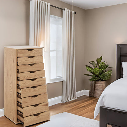 Narrow Wooden 9-Drawer Cabinet with Smooth-Glide Drawers and Top Storage Shelf