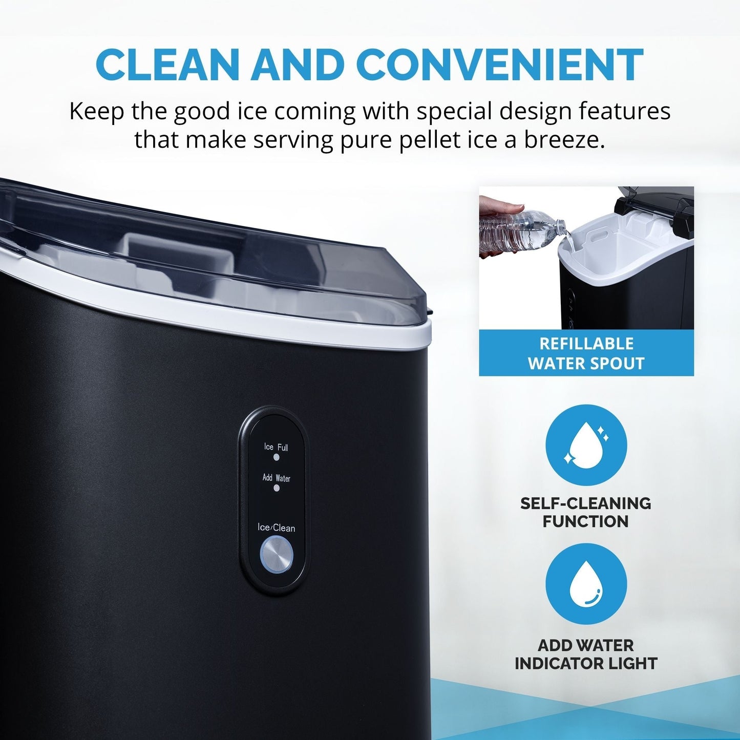 Newair 26 lbs. Countertop Nugget Ice Maker in Matte Black, Ice Viewing Window, Self-Cleaning Button, Easy-Pour Waterspout