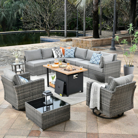 OVIOS Deep Seat Wicker 11-piece Sectional Set Swivel Chairs Fire Pit