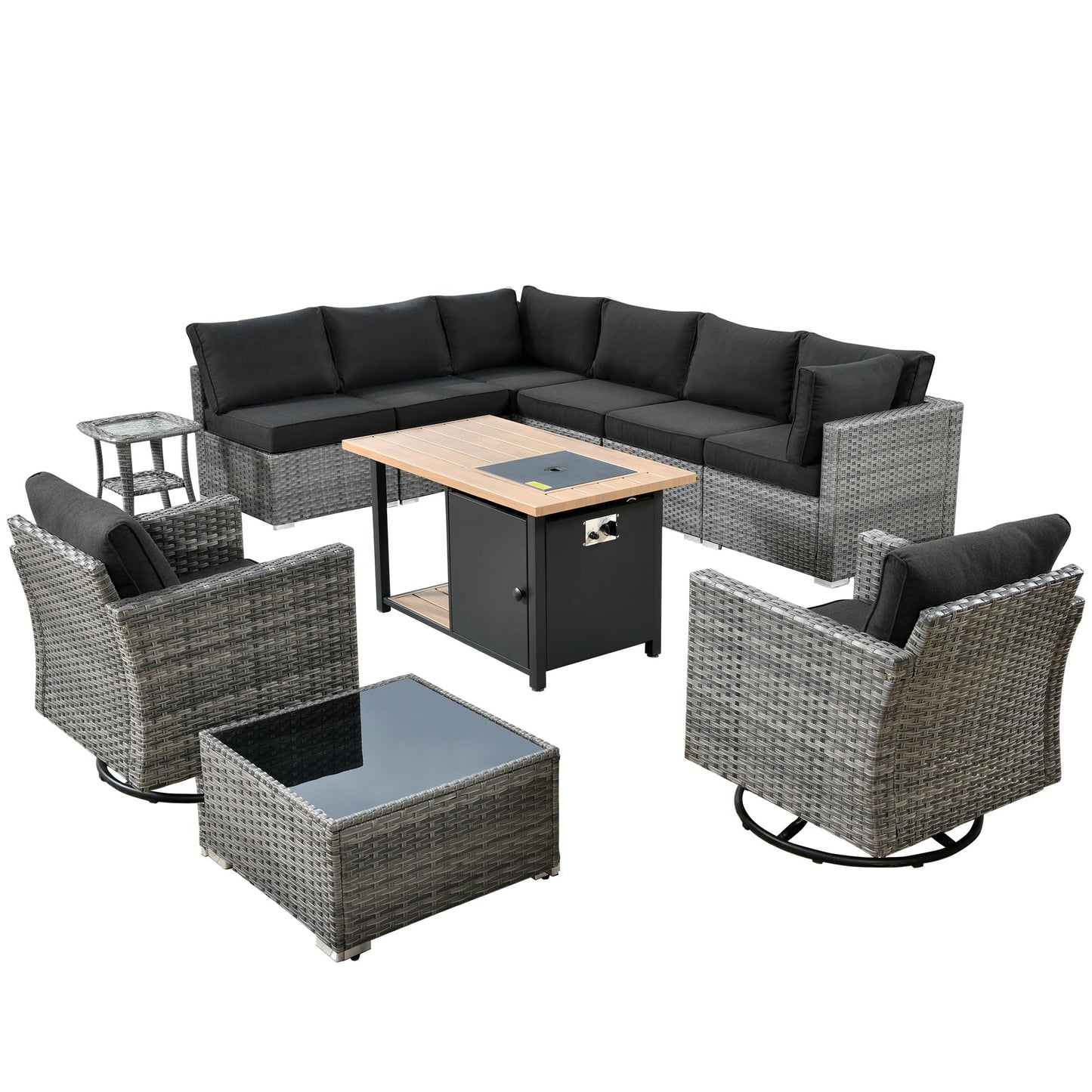 OVIOS Deep Seat Wicker 11-piece Sectional Set Swivel Chairs Fire Pit