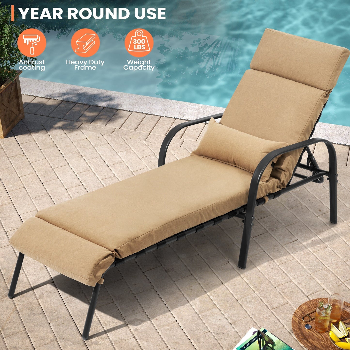 Outdoor Adjustable Patio Chaise Lounge Chair with Cushion Beach Poolside