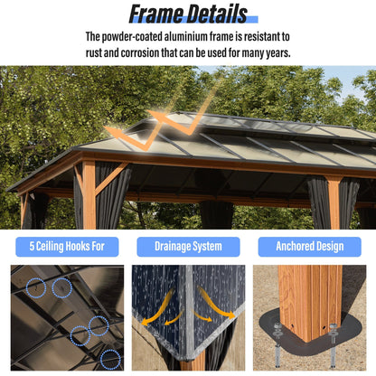 EROMMY Hardtop Gazebo,Outdoor Pergola with Double Roof & Netting & Curtains,Heavy Duty Canopy for Patio, Backyard, Pool party