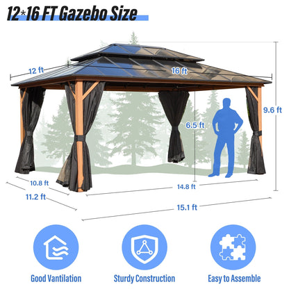 EROMMY Hardtop Gazebo,Outdoor Pergola with Double Roof & Netting & Curtains,Heavy Duty Canopy for Patio, Backyard, Pool party