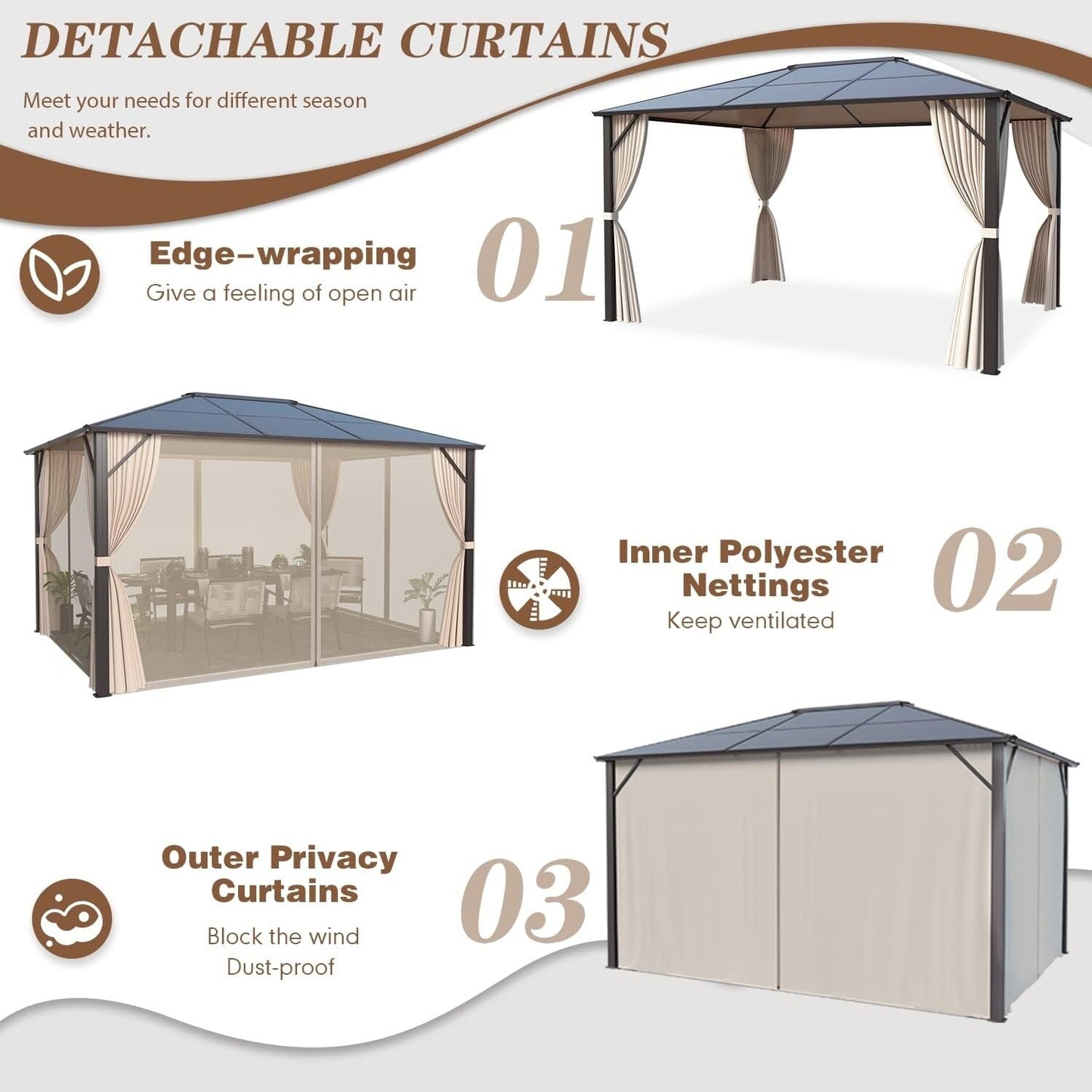 Hardtop Gazebo for Backyard – Permanent Pergola with Netting, Curtains & Double Roof, All-Weather Outdoor Shelter