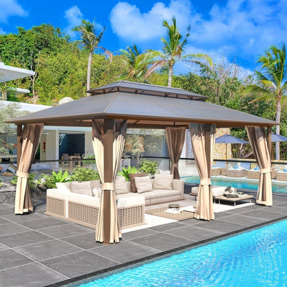 Hardtop Gazebo for Backyard – Permanent Pergola with Netting, Curtains & Double Roof, All-Weather Outdoor Shelter
