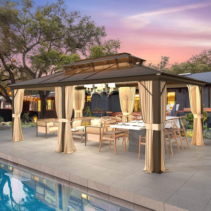 Hardtop Gazebo for Backyard – Permanent Pergola with Netting, Curtains & Double Roof, All-Weather Outdoor Shelter