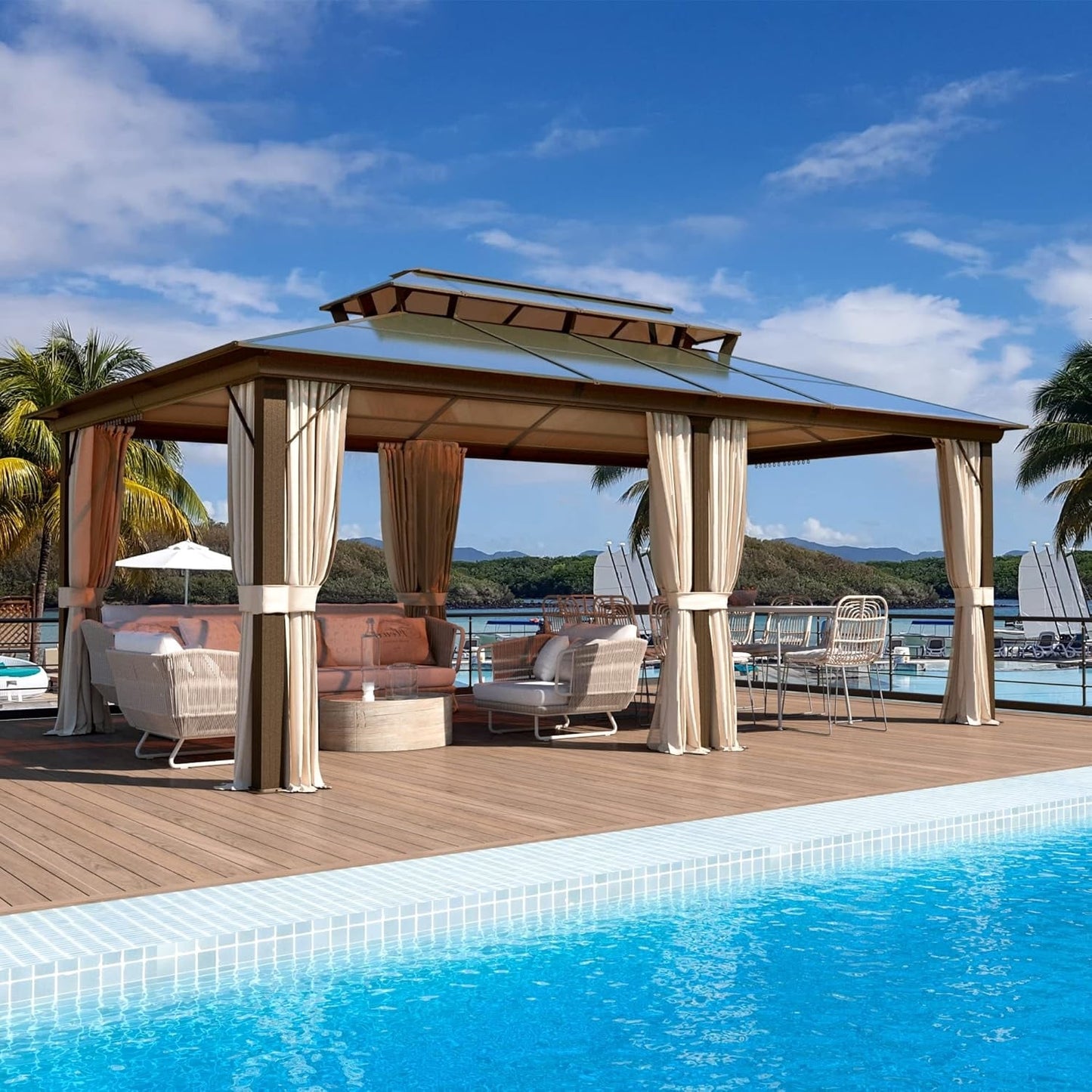 Hardtop Gazebo for Backyard – Permanent Pergola with Netting, Curtains & Double Roof, All-Weather Outdoor Shelter