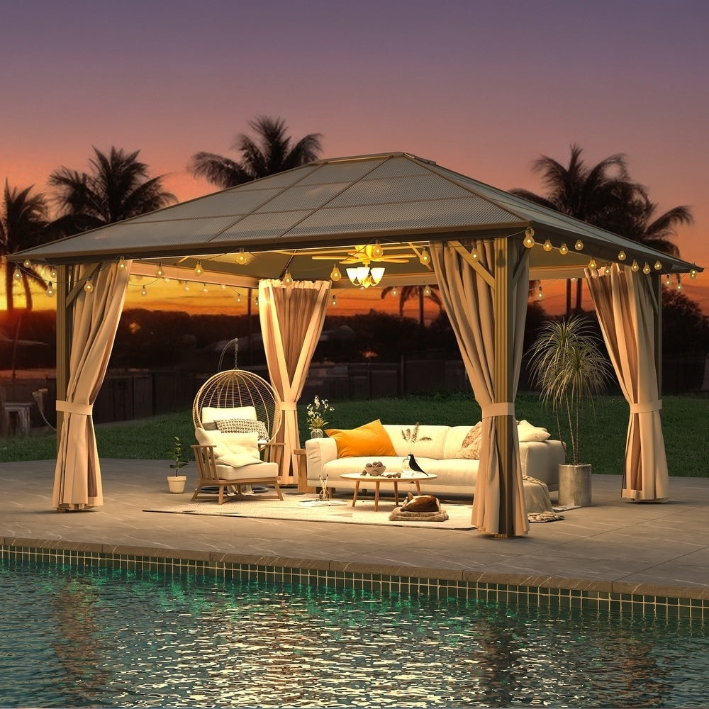 Hardtop Gazebo for Backyard – Permanent Pergola with Netting, Curtains & Double Roof, All-Weather Outdoor Shelter