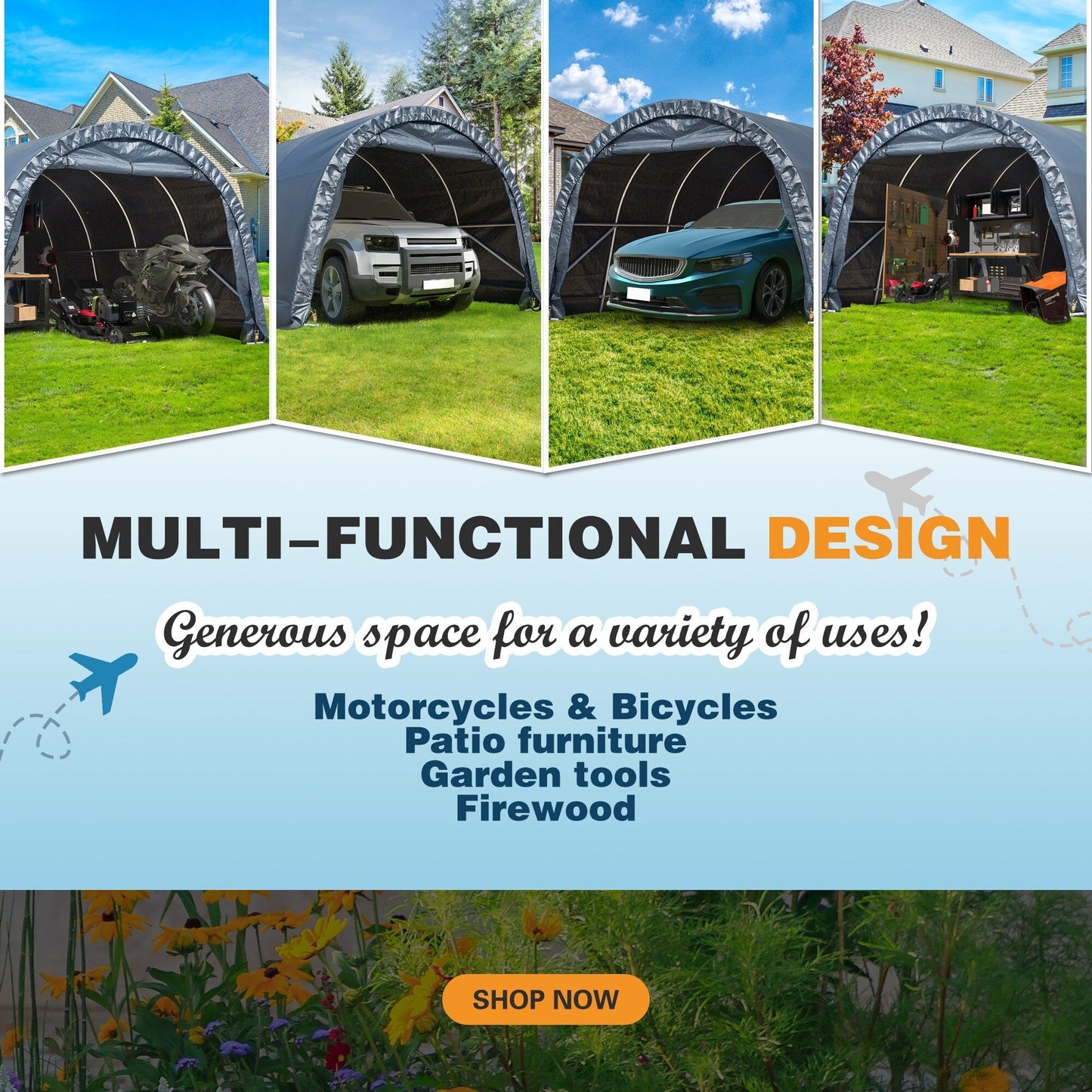 Outdoor Storage Shed and Carport Canopy: Portable Shelter for Bikes, Motorcycles, and Garden Storage