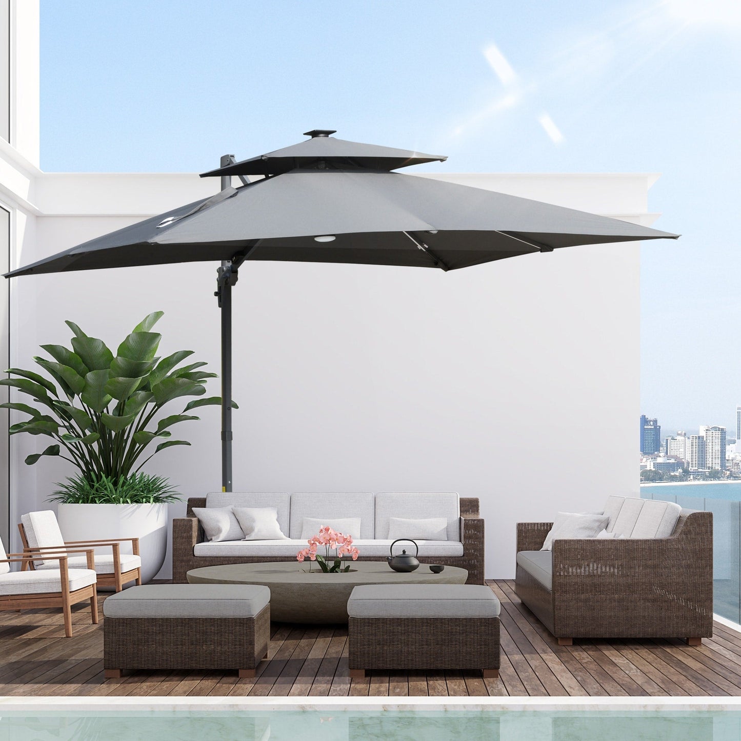 Outsunny 10ft Solar LED Patio Umbrella, Offset Hanging Umbrella with 360° Rotation, Cross Base, 8 Ribs, Tilt and Crank