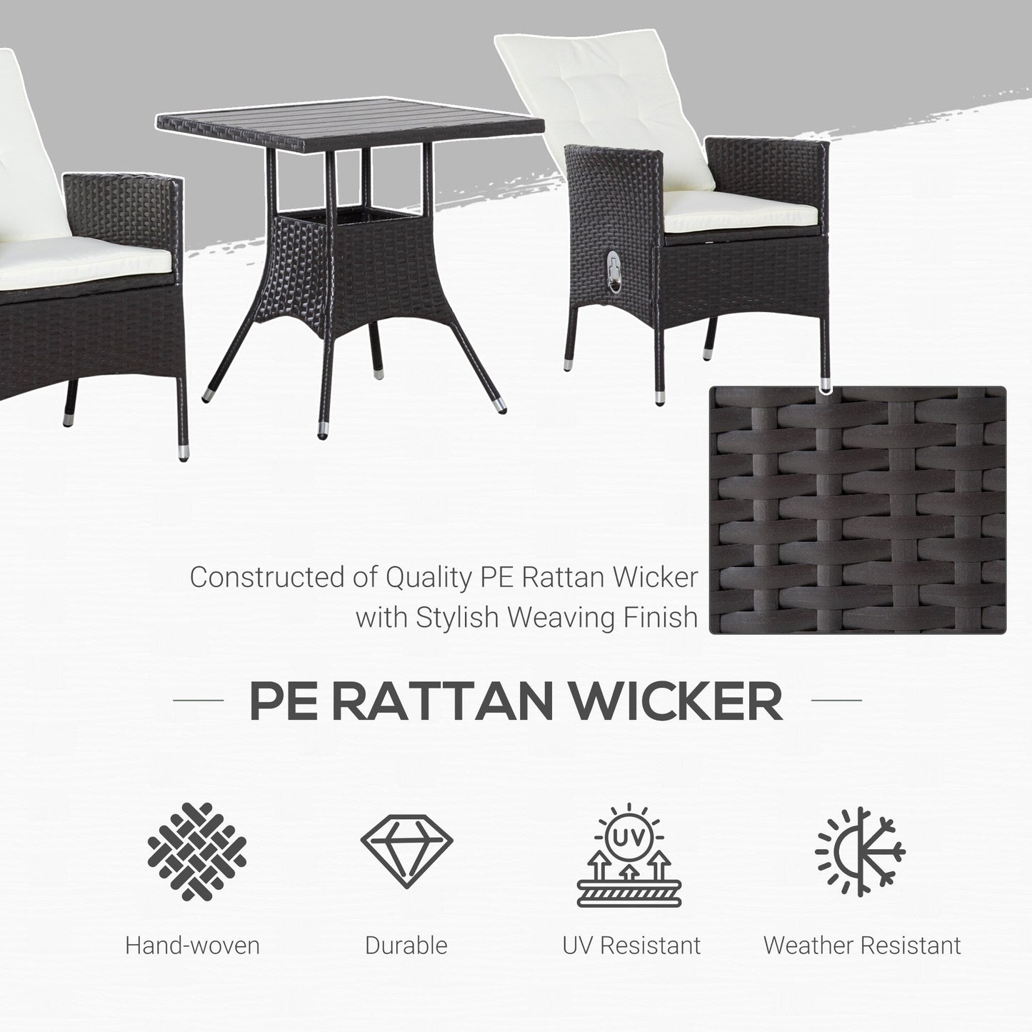 Outsunny 3 Pieces Patio PE Rattan Sofa Set, Outdoor Recliner Chairs Wood Grain plastic Top Coffee Table