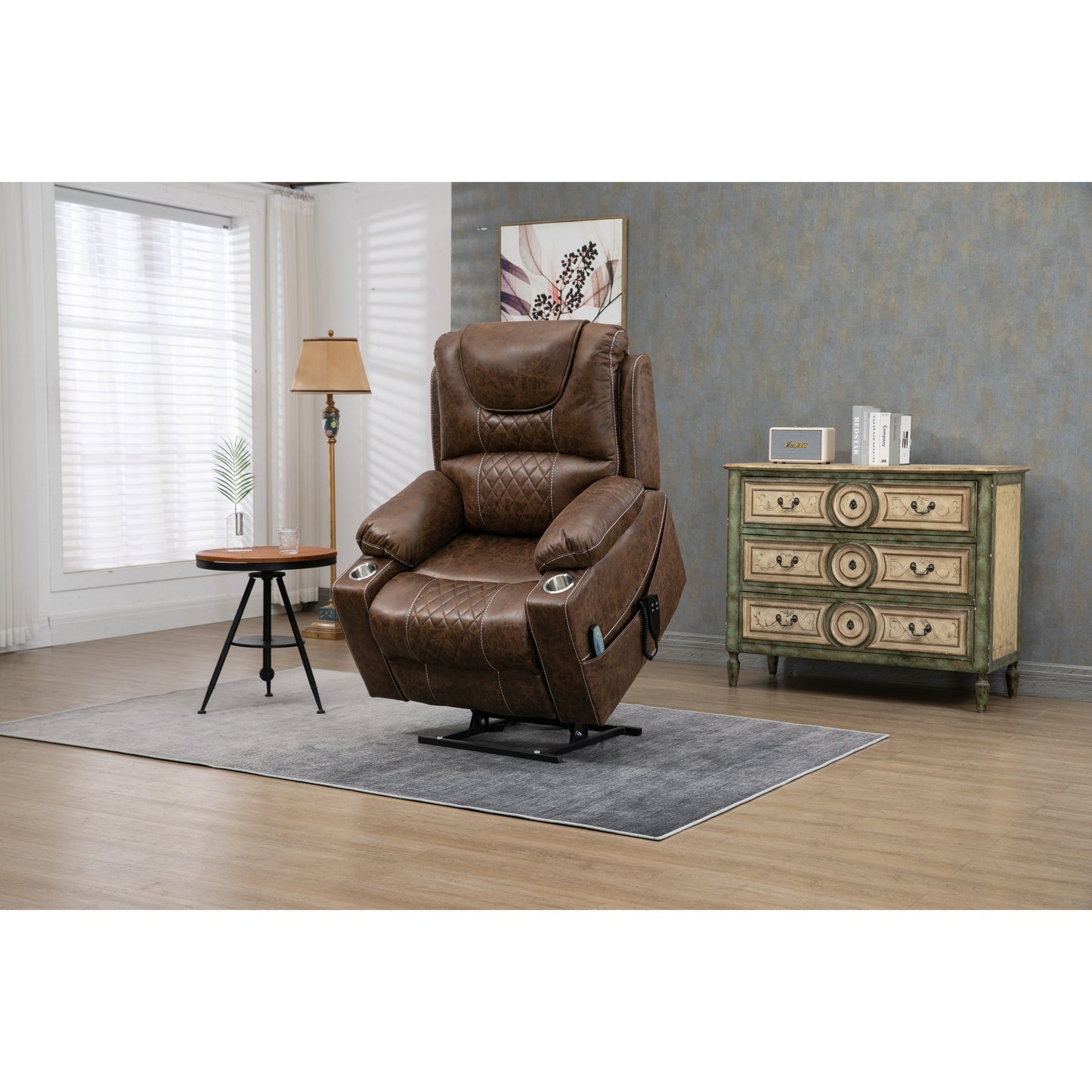 Oversized PU Leather Power Lift Recliner with Massage, Lumbar Heating, Cup Holder, 180° Flat Lay
