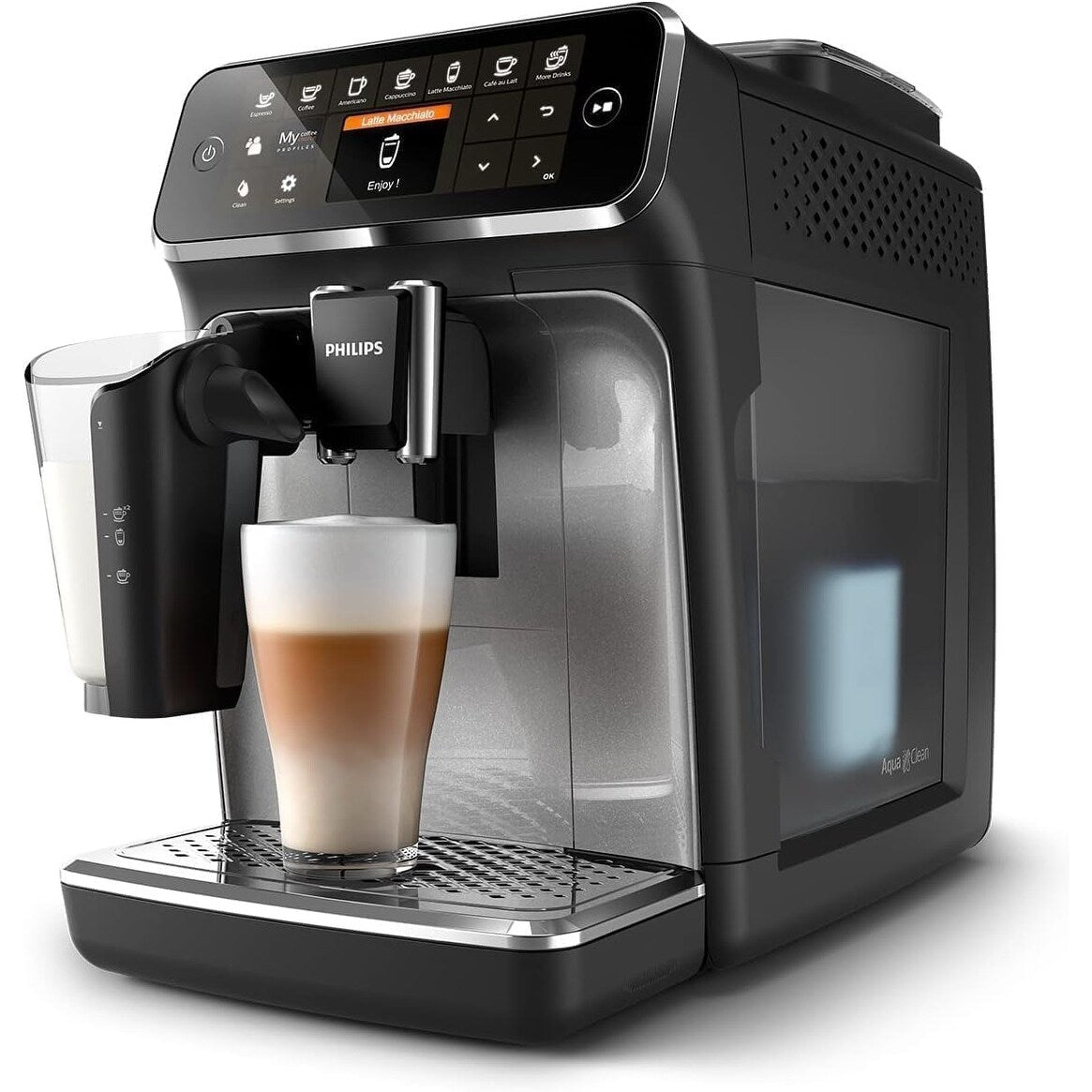Premium Espresso Machine, 12 Hot/Iced Coffees, LatteGo System, Ceramic Grinder, Black Chrome