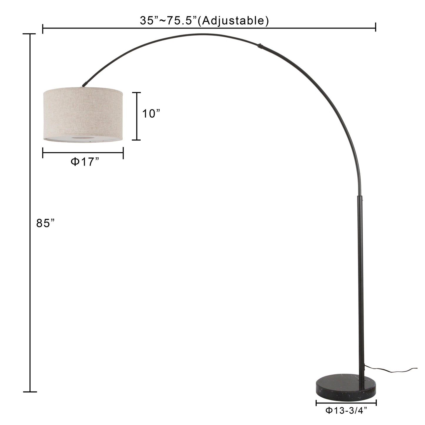 Q-Max 81 Steel Adjustable Arching Floor Lamp With Extra Large Shade and Marble Base