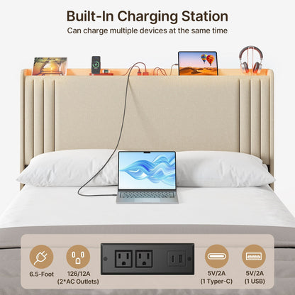 Queen/ Full Vertical Channels Upholstered Bed with Wingback Headboard