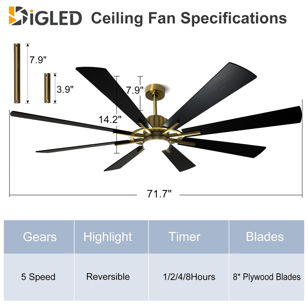 Remote Ceiling fan with Lights Large 8 Wooden Blades