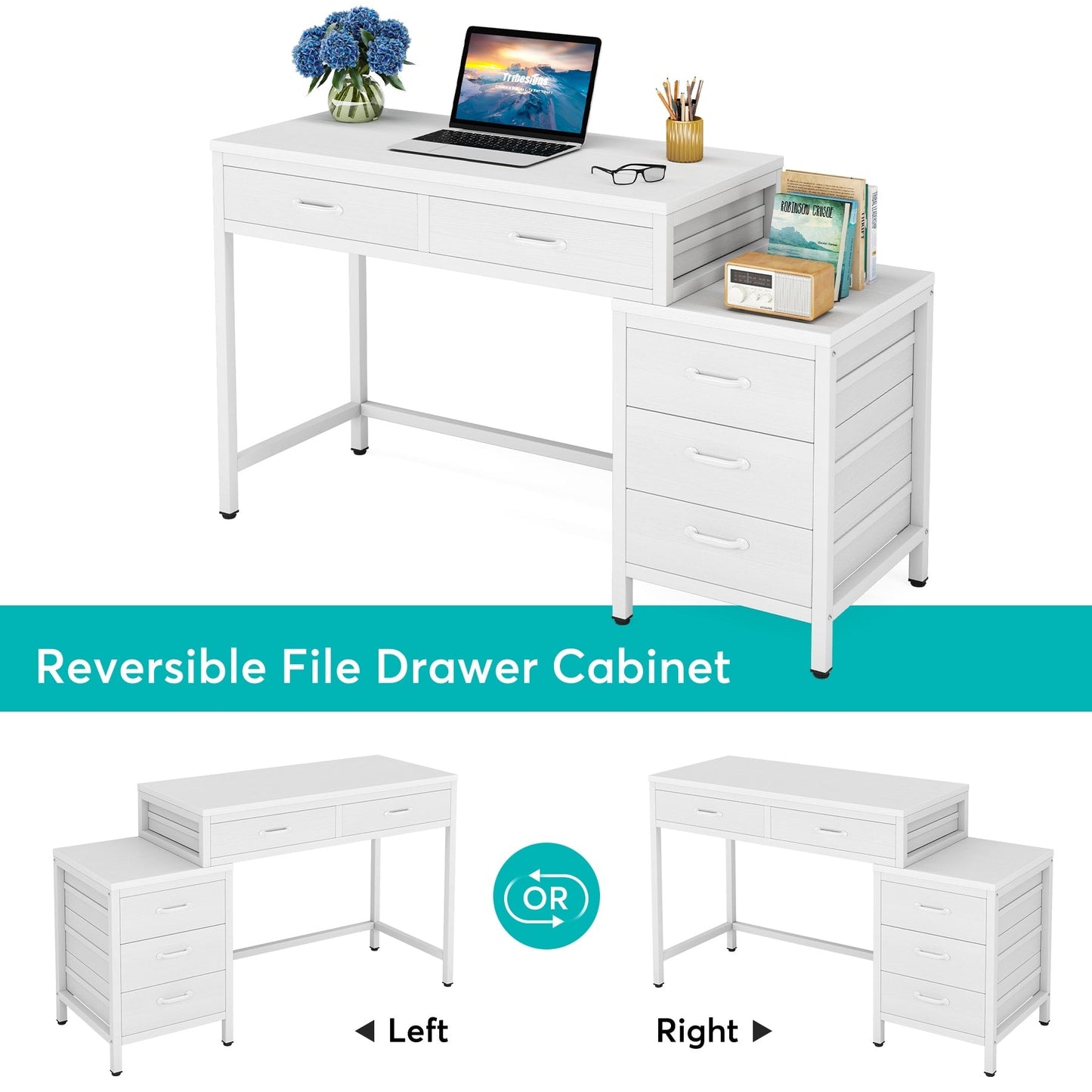 Reversible Computer Desk with 5 Drawers, Home Office Desk with File Cabinet Drawer Printer Stand