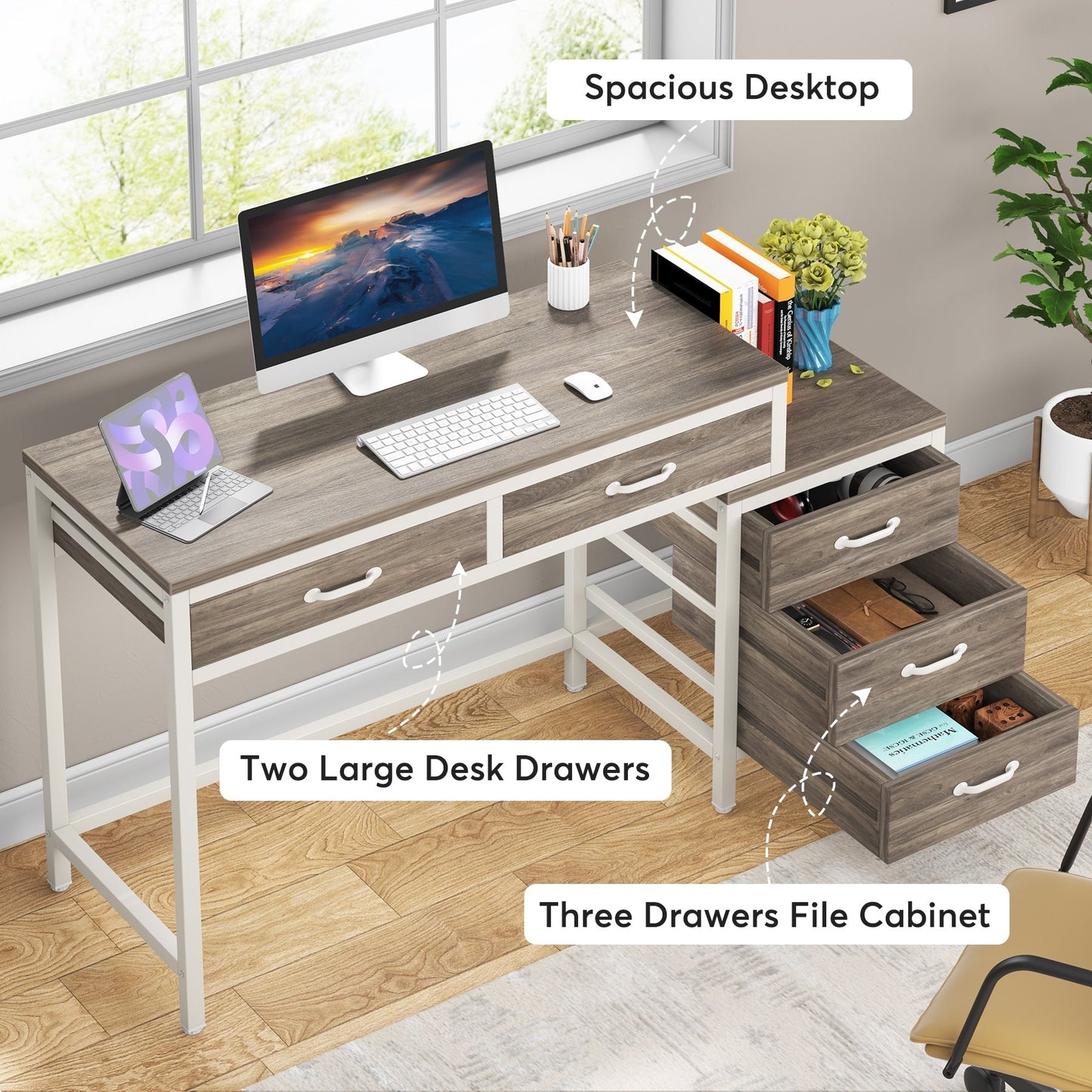 Reversible Computer Desk with 5 Drawers, Home Office Desk with File Cabinet Drawer Printer Stand