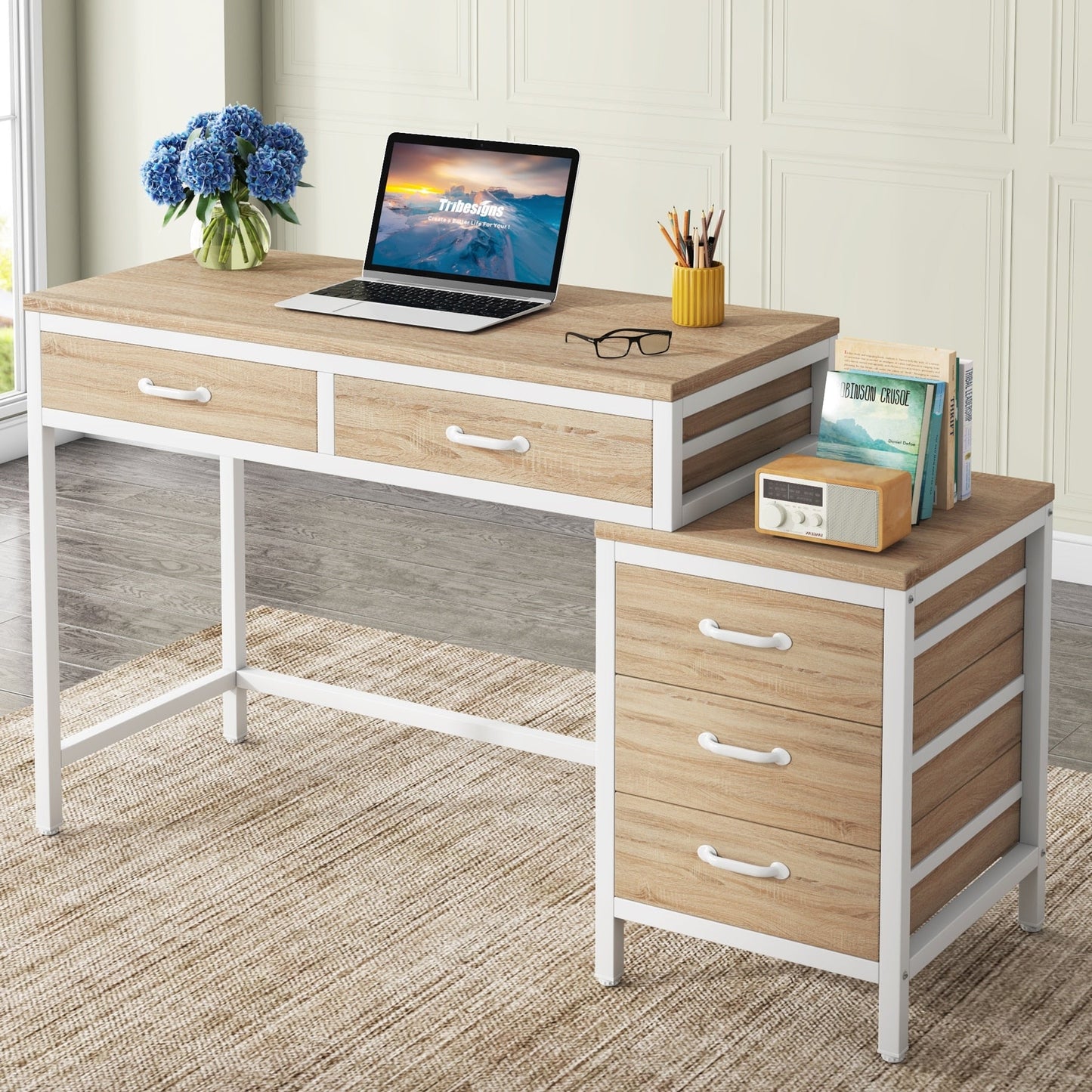 Reversible Computer Desk with 5 Drawers, Home Office Desk with File Cabinet Drawer Printer Stand
