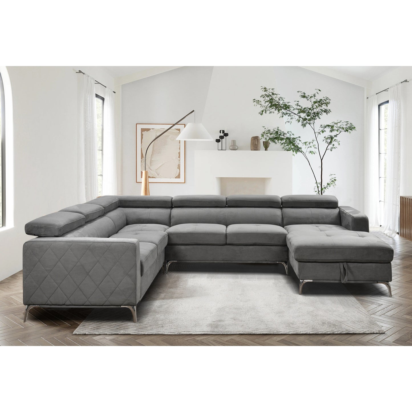 Roomfitters 122 Oversized Sectional Sofa Couch with Chaise Storage, Contemporary U-Shaped 7-Seater Sofa