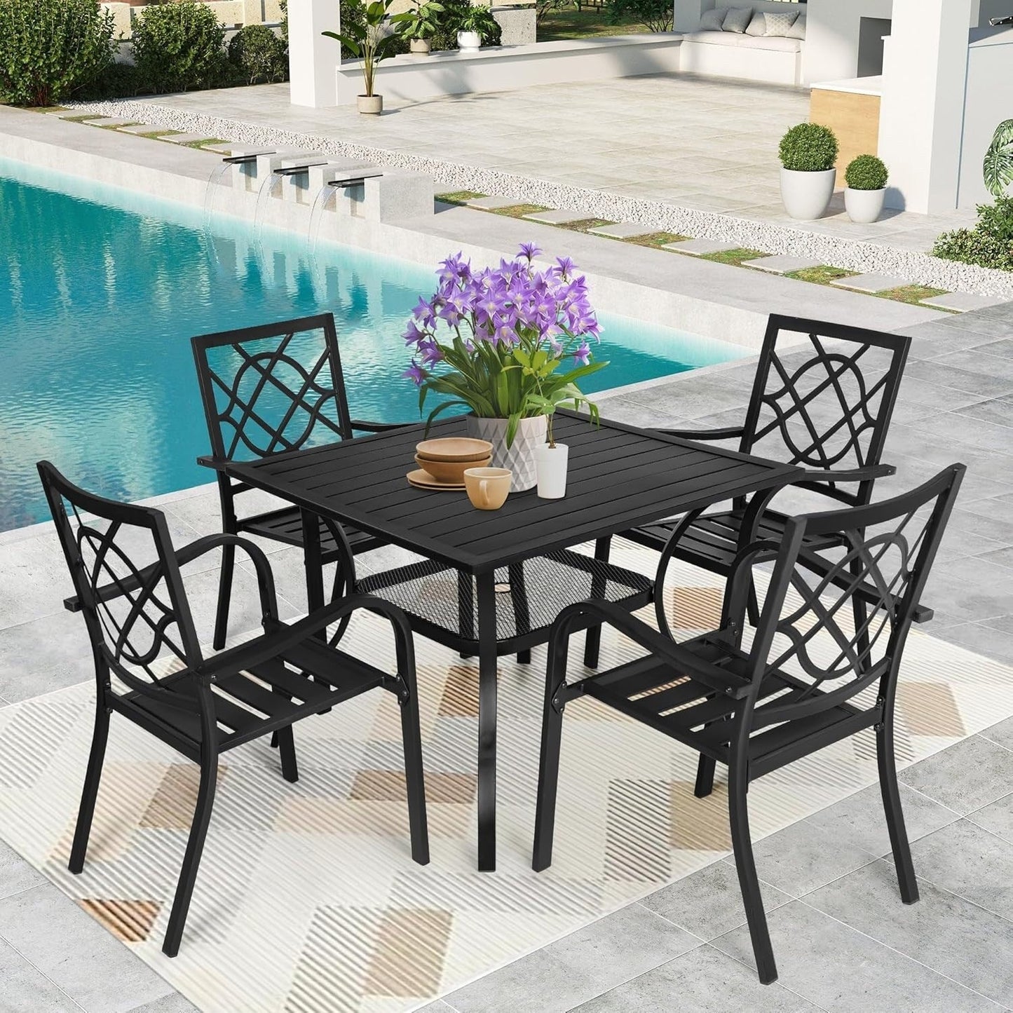 SUNCROWN Outdoor Patio 5/7 Piece Steel Dining Sets Metal Slatted Table and Stackable Chairs Powder Coated Frame