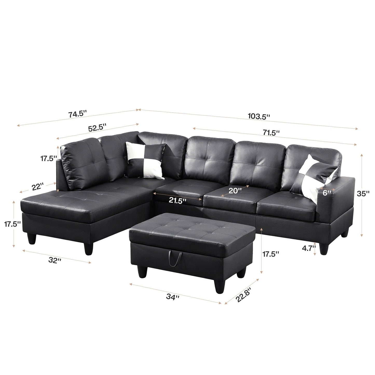 Semi PU Synthetic Leather 3-Piece Couch Living Room Sofa Set