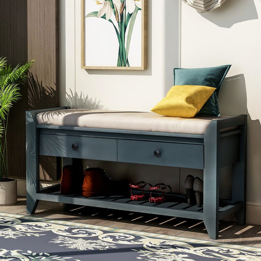 Shoe Rack with Cushioned Seat and Drawers, Multipurpose Storage Bench, Antique Navy - 39L x 14W x 19.8H