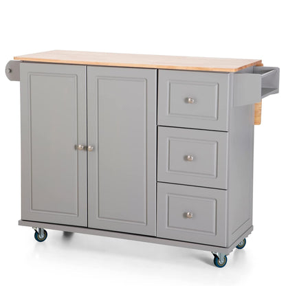 Sophia & William Kitchen Island Cart with Drop-Leaf and Rubber Wood Top, Rolling Kitchen Trolley Cart with Large Storage Cabinet