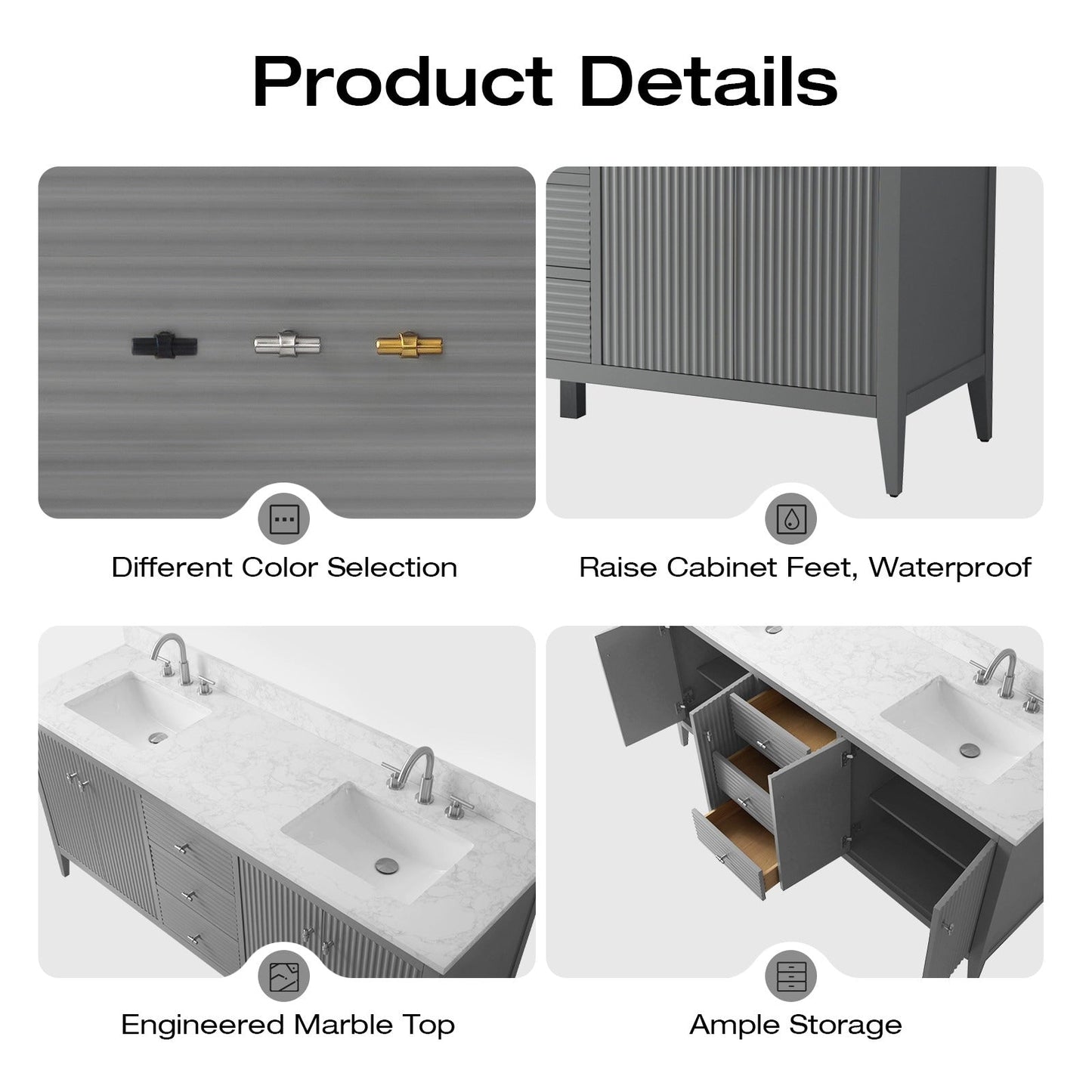 Vanity Art 72 Double Sink Bathroom Vanity Cabinet with Engineered Marble Top
