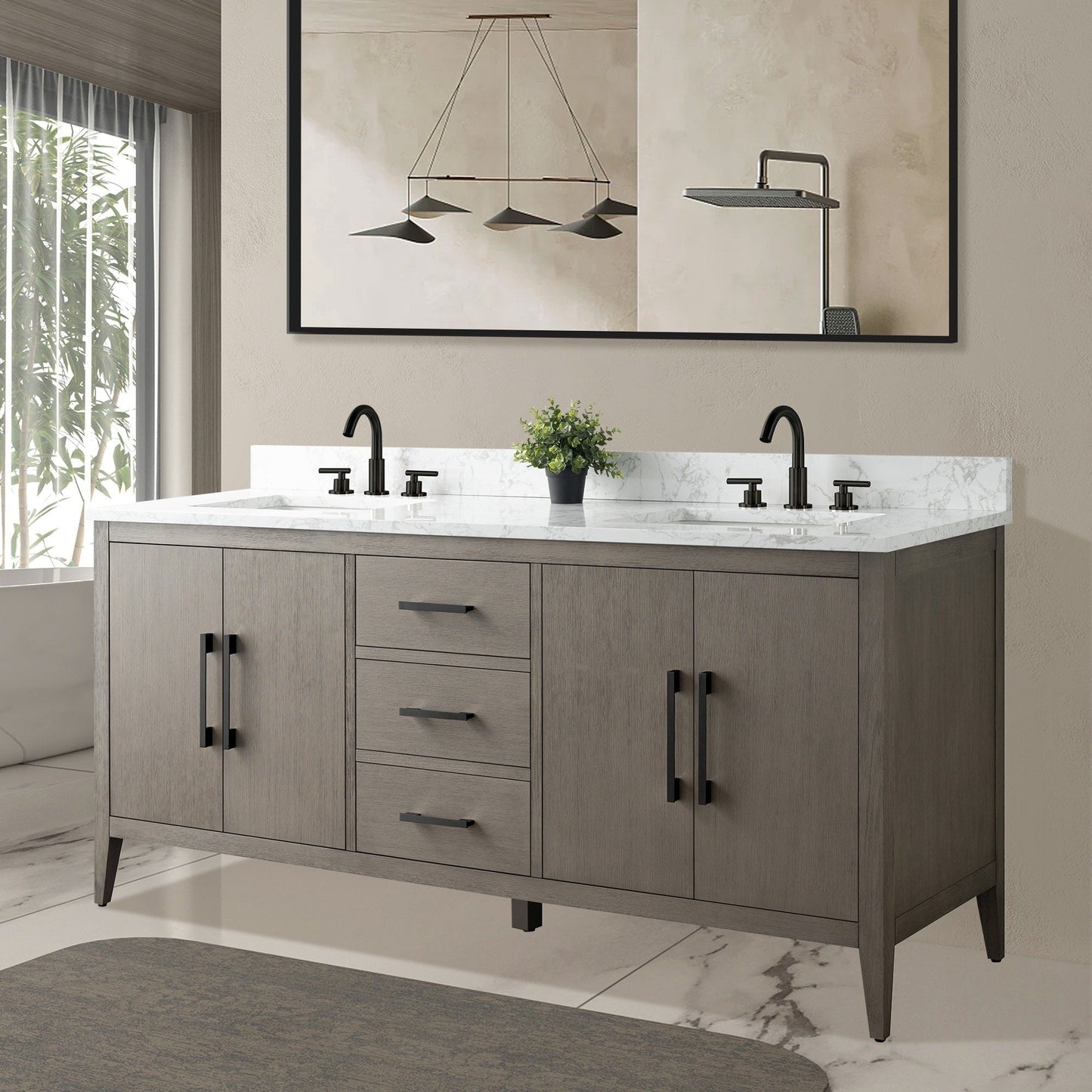 Vanity Art 72 Double Sink Bathroom Vanity Cabinet with Engineered Marble Top
