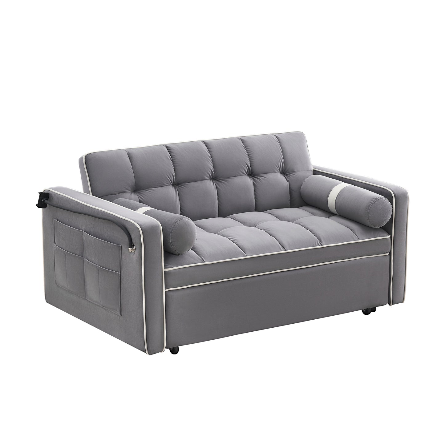 Velvet Convertible 55'' 2-Seater Sleeper Sofa with Pull-Out Bed, Adjustable Recline, Side Pockets, and Phone Holder