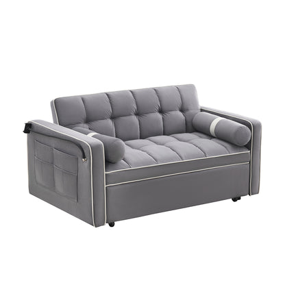 Velvet Convertible 55'' 2-Seater Sleeper Sofa with Pull-Out Bed, Adjustable Recline, Side Pockets, and Phone Holder