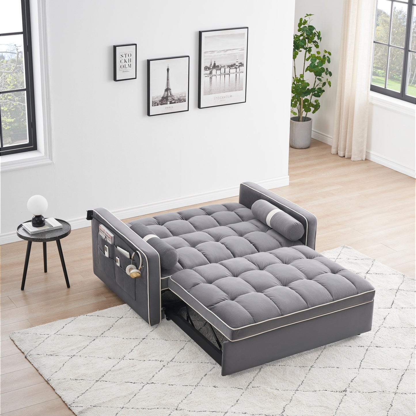 Velvet Convertible 55'' 2-Seater Sleeper Sofa with Pull-Out Bed, Adjustable Recline, Side Pockets, and Phone Holder