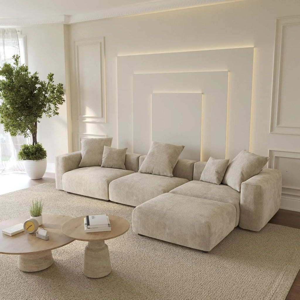 Canapés modulaires modernes Matrix | Canapé d'angle en velours côtelé beige 4 pièces, 3 places