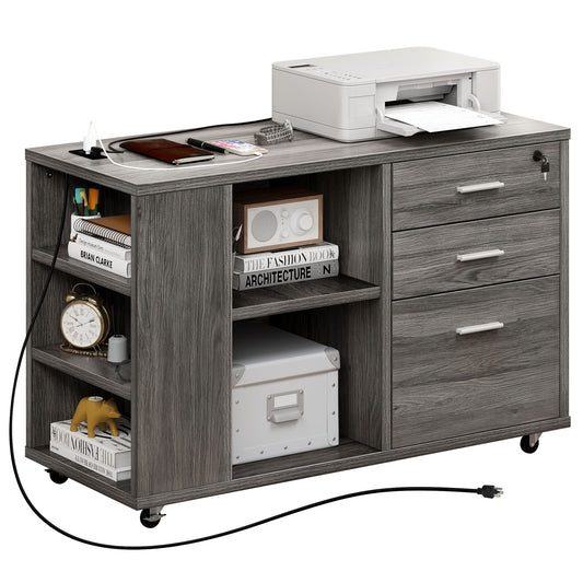 Wood File Cabinet with Charging Station Mobile Lateral Filing Cabinet Lockable Fits A4 Letter Legal Size Files