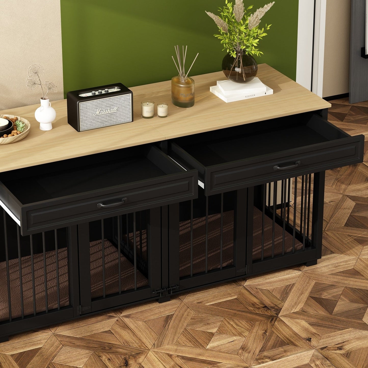 Wooden Double Dog Crate Kennel Furniture with 2 Drawers & Divider