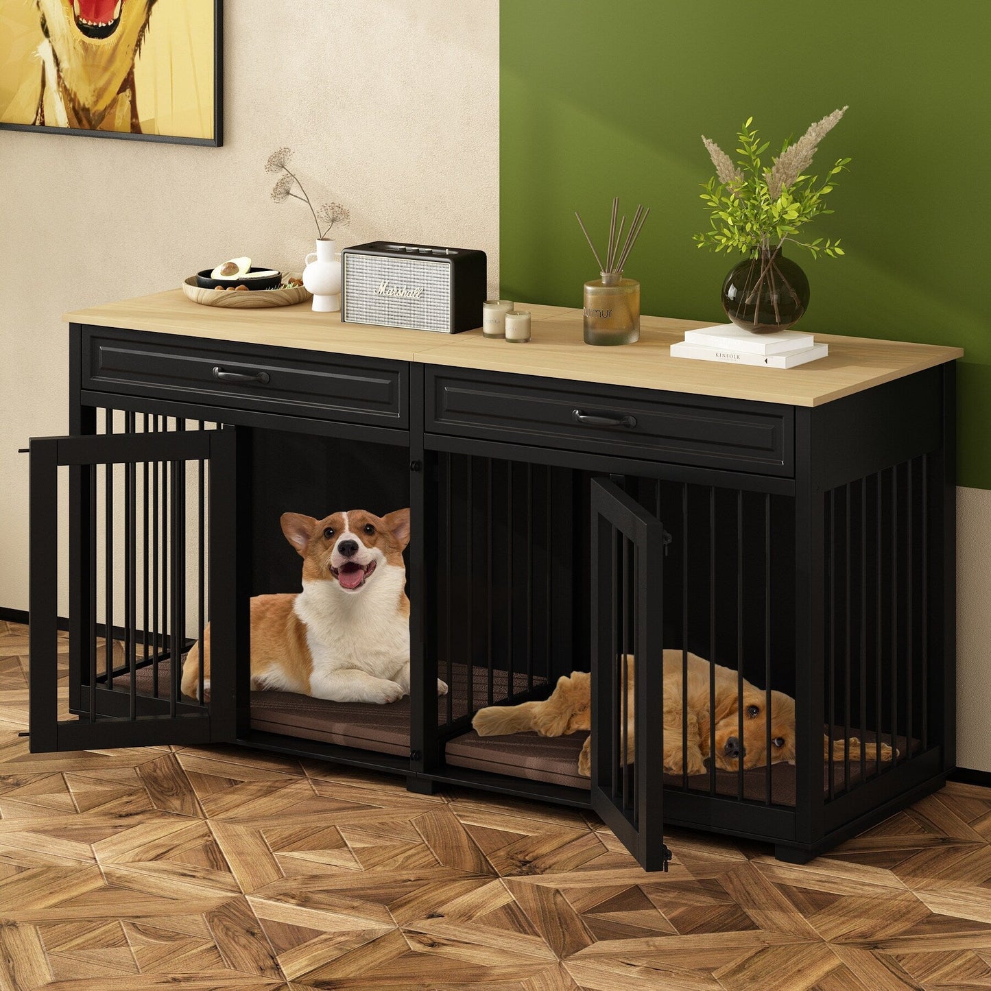Wooden Double Dog Crate Kennel Furniture with 2 Drawers & Divider